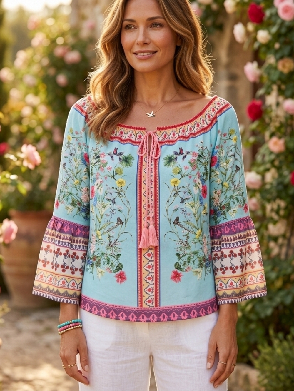 Umgee Women Size S Aqua Floral Peasant Blouse Boho Off the Shoulders Bell Sleeve